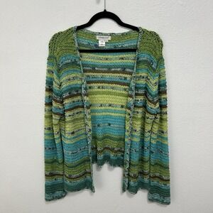 Y2K Coldwater Creek Green Striped Crochet Cardigan Sweater  XL  Coastal Granny